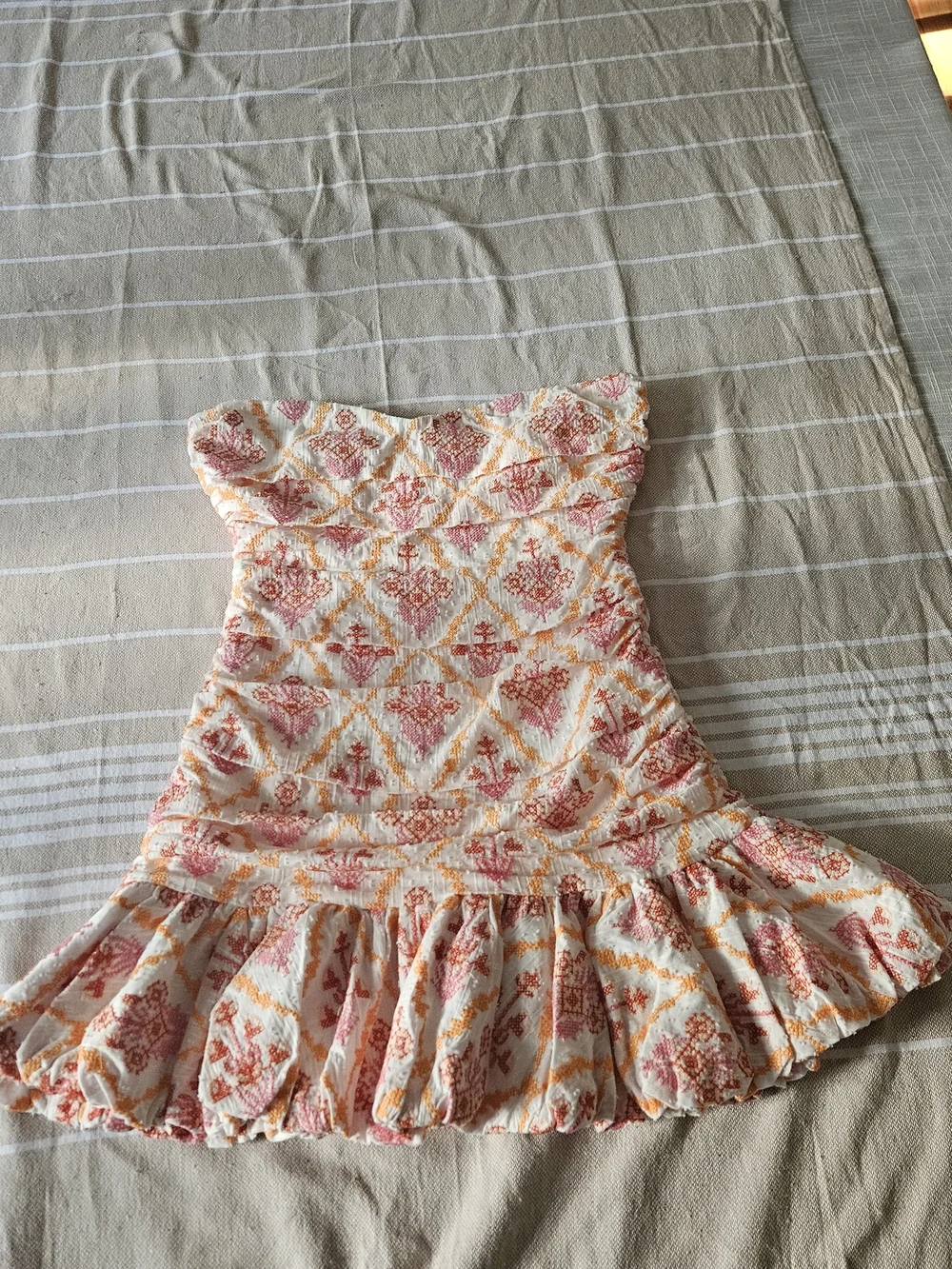 HELLO MOLLY Embroidered Strapless Ruched Mini Dress Size M Cotton Pink Orange - Picture 8 of 16